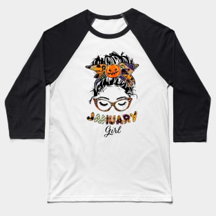 January Girl Halloween Face Wink Eyes Pumpkin Baseball T-Shirt